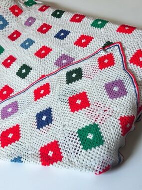 Large Crochet Granny Square Blanket 106x82 White Multicolor Bedspread